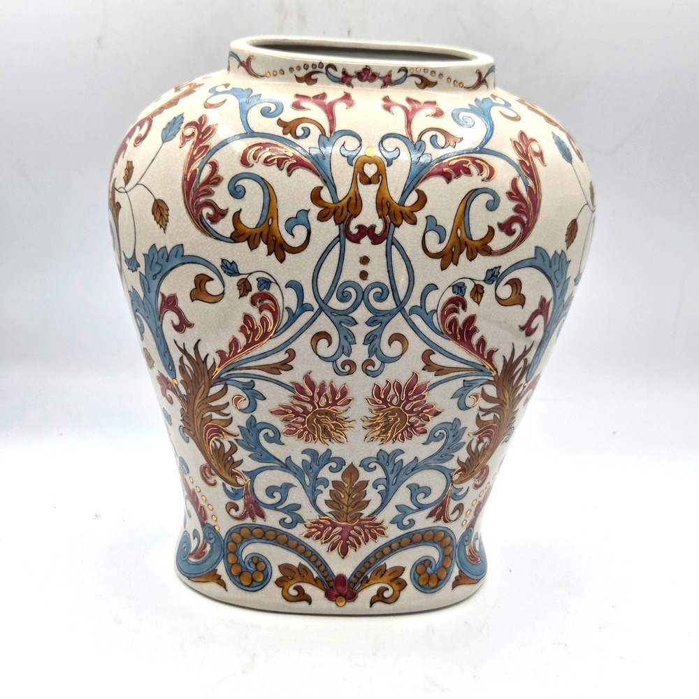Large Chinoiserie Asian Oriental Vase with Gold Blue and Brown Scrollwork‎